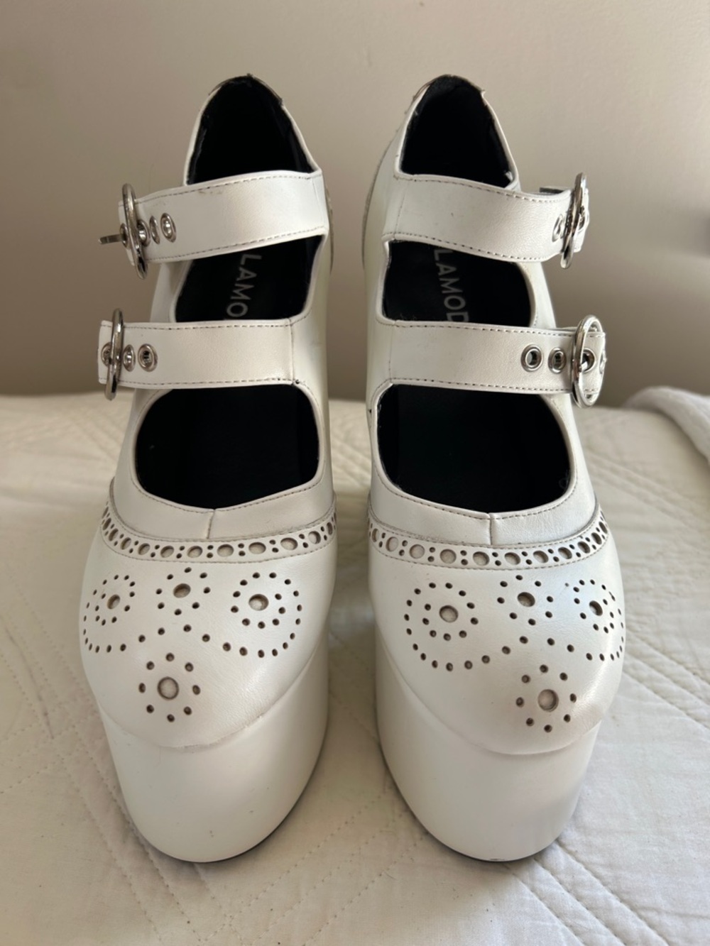 LAMODA White Double-Strap Mary Jane Platform Heels